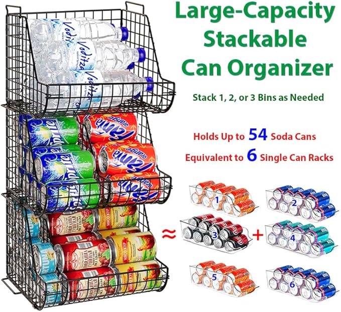 Stacking Can Dispensers 3 Tier with 3 Divider, Large Pantry Can Organizer, Beverage Drink Pop Soda Can Storage Basket, Can Holders for Pantry, Canned Food Rack Wire Bins for Kitchen Cabinet (3-Pack)