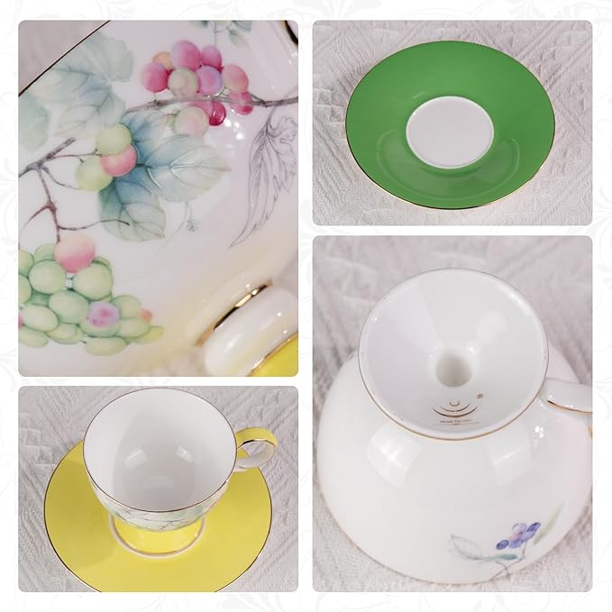 KAMMAK Ceramic Tea Cup and Saucer Set with Gold Trim, Grape & Blueberry Fruit Pattern, 220ml Elegant Bone China Coffee Cup with Yellow & Green Saucers for Afternoon Tea, Gift for Women