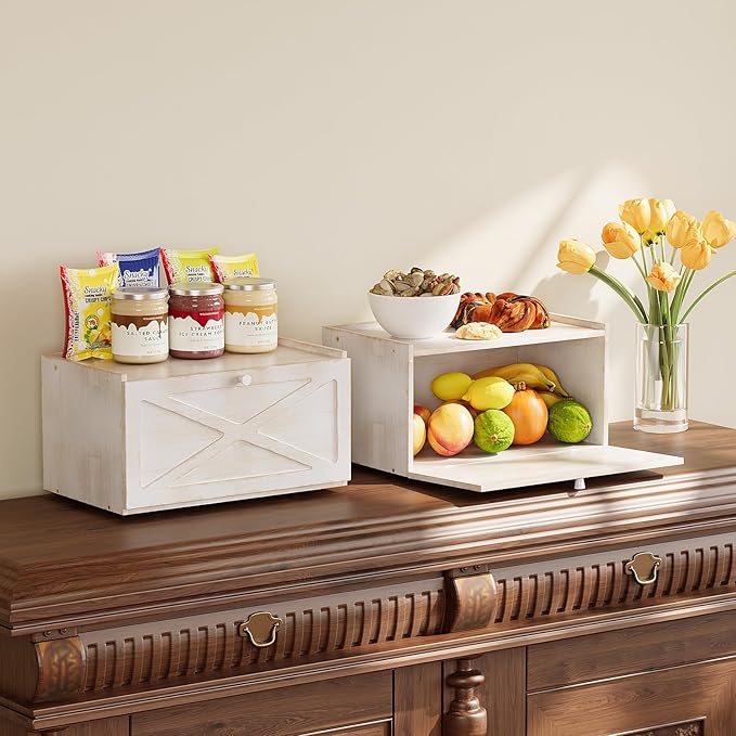 Bamboo Bread Box for Kitchen Counter Farmhouse Bread Storage Container Large Capacity Bread Storage Bin Bread Holder (Antique White)