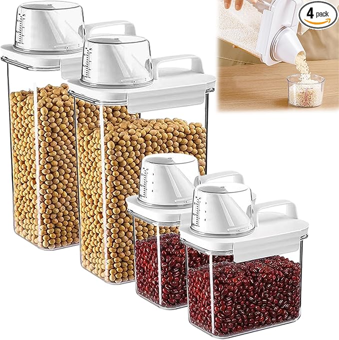 Storage Cereal Organizers Containers Sets,Food Grade BPA free PET Material Reusable，Airtight food storage containers with lids， kitchen organizers and storage Total(2 pcs 2300ml 2 pcs 1100ml)