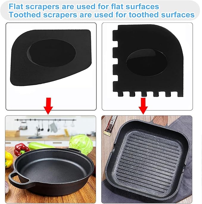 Onewly Cast Iron Scrubber (1Pack Black Coarse Mesh + 1Pack Black Fine Mesh) and and Scraper, Chain Mail Scrubber for Cleaning Stock Pots, Pans, Griddles, Grills, Cast Iron Skillets, Dish Scouring Pads