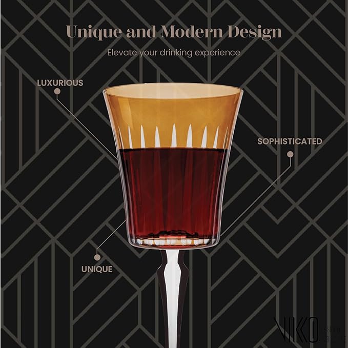 Vikko Colored Wine Glasses, Timeless Collection 10 Ounce Elegant Wine Glass for Fine Dining, Set of 4 Amber Goblets with Stem, Dishwasher Safe