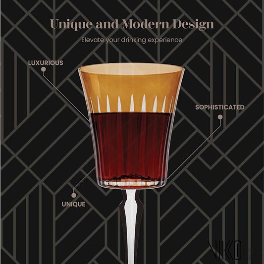 Vikko Colored Wine Glasses, Timeless Collection 10 Ounce Elegant Wine Glass for Fine Dining, Set of 4 Amber Goblets with Stem, Dishwasher Safe