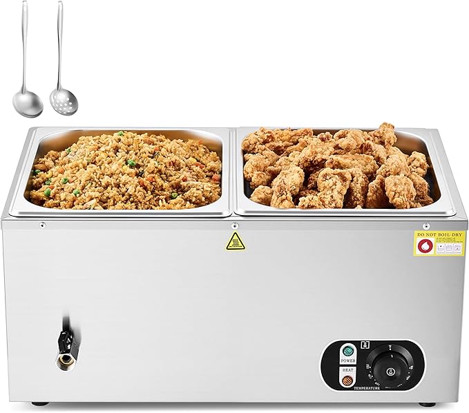 WILPREP Single-Well Commercial Food Warmer with Two 1/2 Pans, Electric Warmer for Food with Adjustable Temp. & Automatic Shutoff, Stainless Steel Food Heating Unit for Buffet Food Truck Hotel Catering