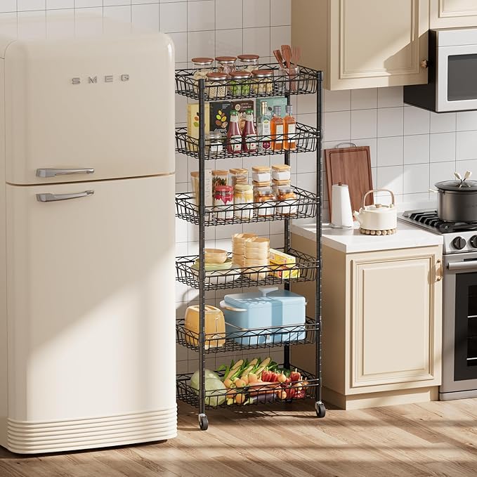 SINGAYE 6 Tier Basket Shelf Wire Shelving Unit Adjustable Storage Shelves Big Basket Rack for Garage Kitchen Office Pantry Corner 17" Dx12 Wx63 H Black