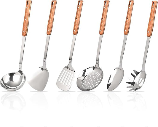 FJNATINH Wok Utensils Tools - 6 PCS Stainless Steel Kitchen Cooking Utensils Set, Include Wok Spatula, Soup Ladle, Skimmer, Spaghetti Server, Slotted Turner and Solid Spoon, Heat Resistant