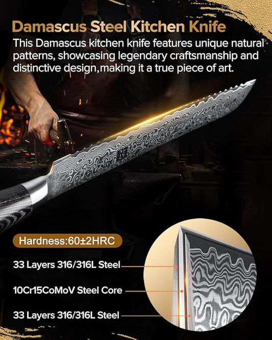 XINZUO Bread Knife 8 Inch,Professional Damascus Serrated Knife for Homemade Bread,Razor Sharp,Wide Wavy Edge for Bread, Bagels,Pizza and Cake, Gift Box Package