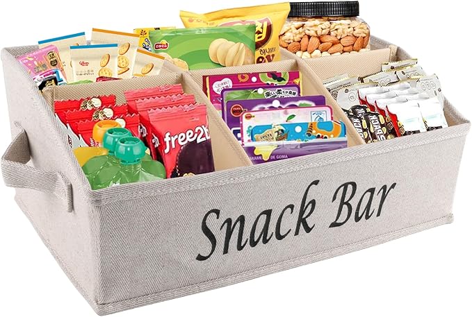 Snack Organizer for Countertop, Fabric Snack Organizer with Handles, 6 Compartment Snack Box Container Snack Basket, Snack Bar Station, Kitchen Pantry Organization and Storage - Khaki