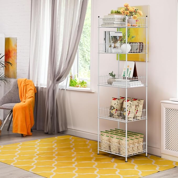 Water Bottle Storage Organizer 5 Tier Metal Water Bottle Holder Shelf Drink Beverage Soda Can Organizer Rack Bottled Water Stand for Floor Classroom Kitchen Food Storage, Silver