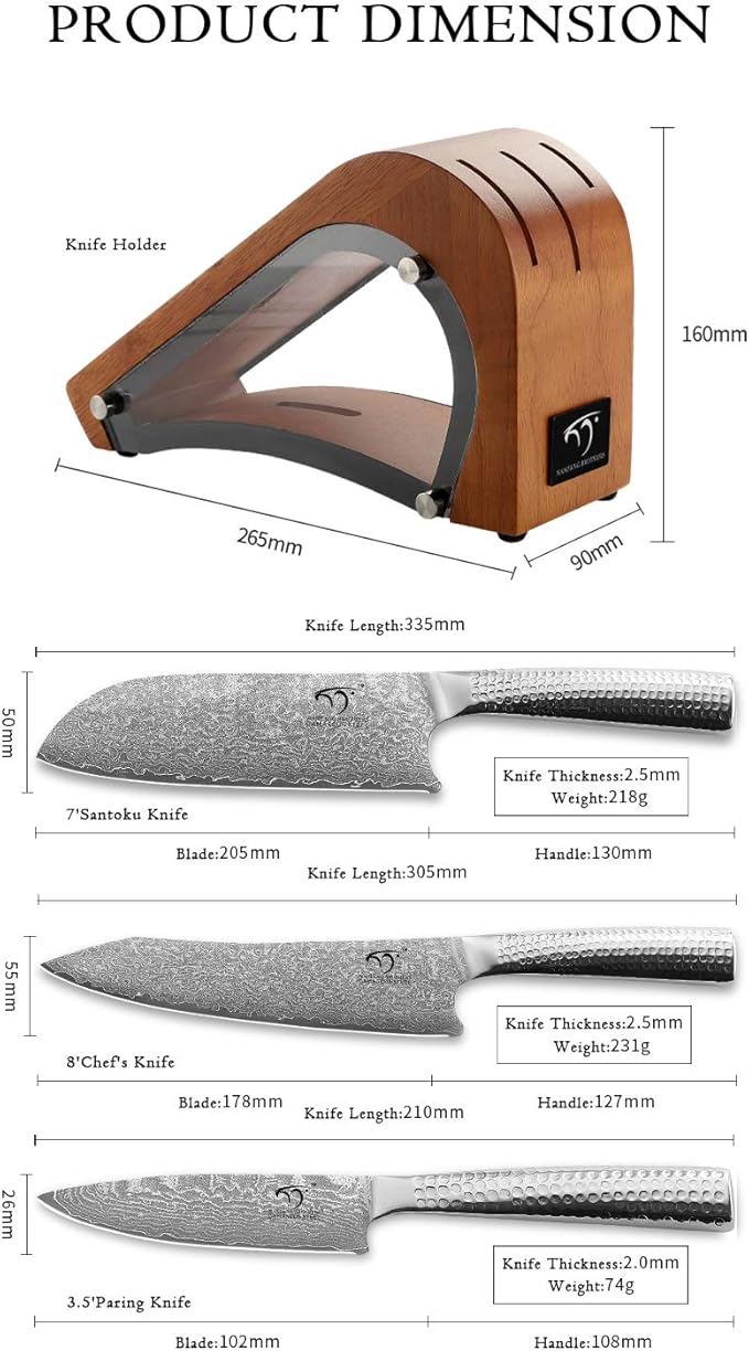 4 Pieces Damascus Kitchen Knife Set With Block - 8" Chef, 7" Santoku, 3.5" Paring, 3 Slots Natural Wood Block, 67 Layer Handmade Damascus VG10 Steel Core, Hammered Ergonomic Handle