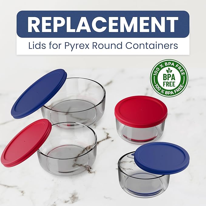 Replacement Lids for Pyrex Glass Food Storage Containers Round (2) 7202-PC 1 Cup (3) 7200-PC 2 Cup (2) 7201-PC 4 Cup (2) 7402-PC 6/7 Cup Red Blue