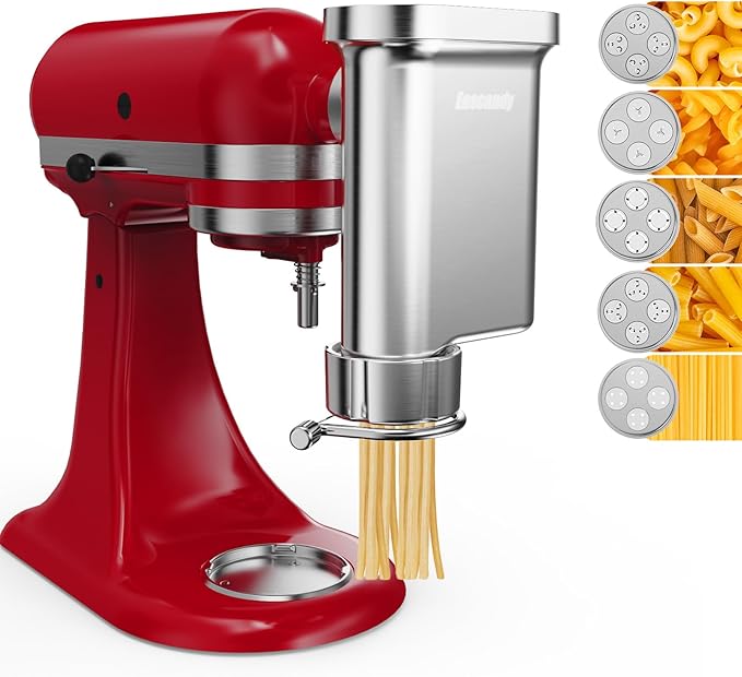 Metal Gourmet Pasta Press Attachment for KitchenAid Stand Mixer – Durable Pasta Maker Attachment with 5 Interchangeable Plates for Spaghetti, Bucatini, Fusilli, Large & Small Macaroni