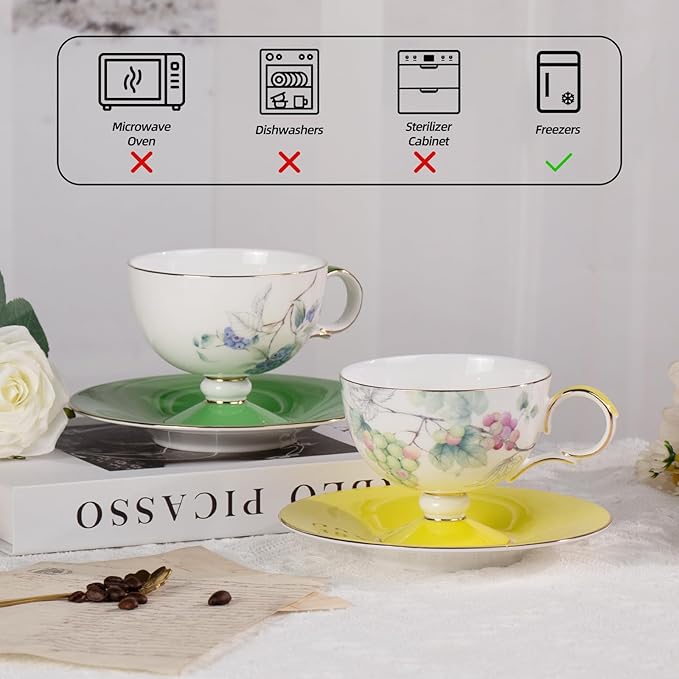 KAMMAK Ceramic Tea Cup and Saucer Set with Gold Trim, Grape & Blueberry Fruit Pattern, 220ml Elegant Bone China Coffee Cup with Yellow & Green Saucers for Afternoon Tea, Gift for Women