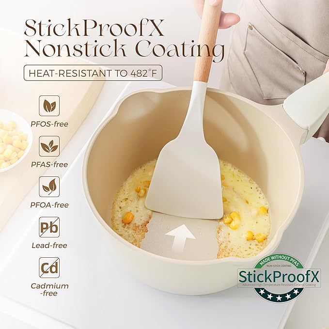 PRICUSIS Ceramic Nonstick Saucepan with Lid, 2.7 Quart Non Toxic Pot with Pour Spouts, Full Coated, 100% Dishwasher Safe, Induction Compatible & Oven Safe, PTFE PFAS & PFOA Free, Coconut White