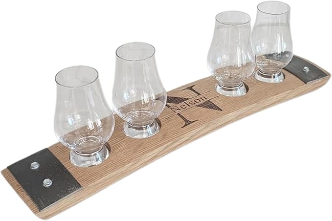 Personalized Premium 4 glass whiskey flight/engraved center/personalized gift/Crystal glass option/Natural oak color (Split Letter monogram)