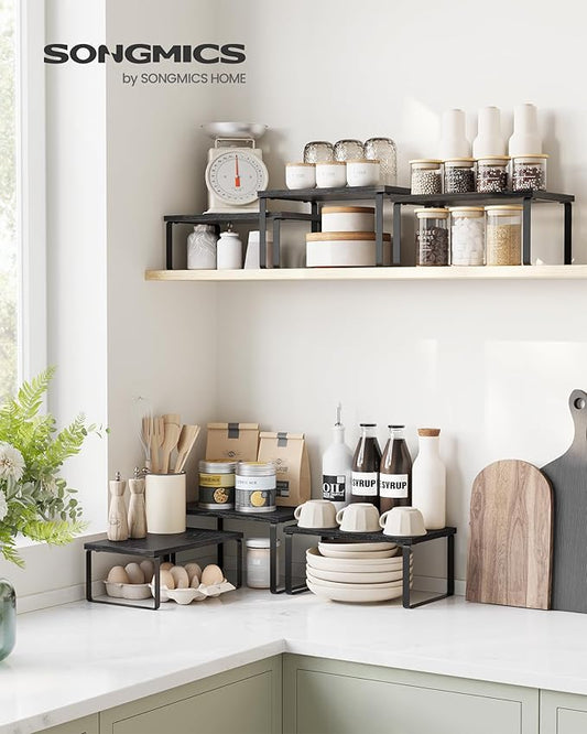 SONGMICS Cabinet Organizer Shelf, Set of 3 Kitchen Counter Shelves, Kitchen Storage, Spice Rack, Stackable, Expandable, Anthracite Gray and Matte Black UKCS220B01