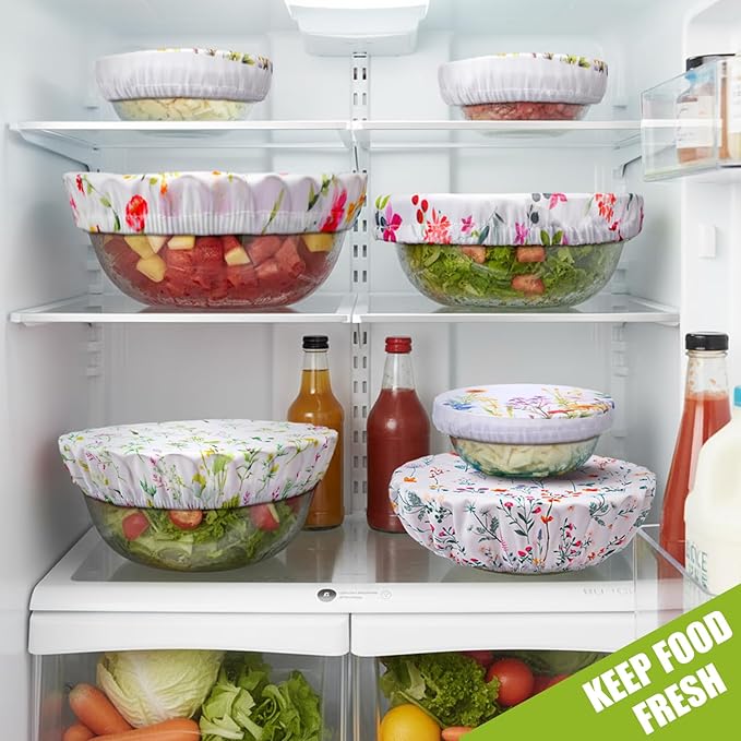 Patelai 10 Pcs Bowl Covers Reusable in 5 Size Stretch Cloth Fabric Elastic Food Storage Bowl Covers Bread Sourdough Lids for Proofing Food Fruits Leftover (Spring Style)