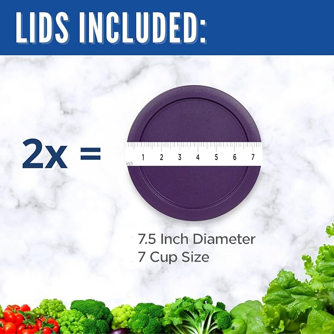 Replacement Lids for Pyrex 6 & 7-Cup Glass Food Storage Container Bowls, 7.5-Inch Plastic Round Lids Covers fits Pyrex 7402-PC, Airtight & Leakproof (2-Pack, Purple)