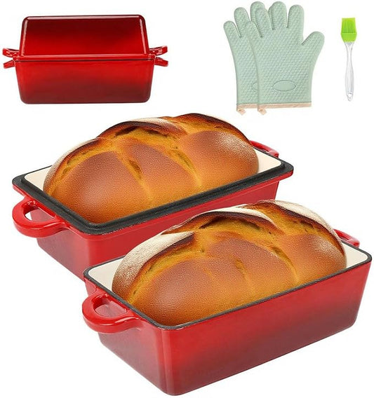 9x5 Inch Enameled Cast Iron Loaf Pan with Lid | 2 in 1 Homemade Sourdough Bread Baking Pan for Homemade Bread, Cake, Meatloaf | Durable 2 Piece Set, Red color