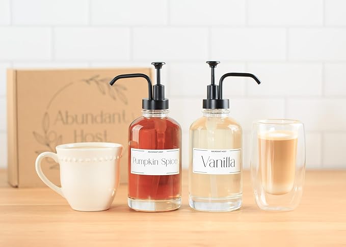 Coffee Syrup Dispensers, Set of 2, Coffee Syrup Bottles with Pump and Labels, 500 ml, Espresso Bar Accessories, Glass Bottles with Pump, Black Upgraded Dispenser, 16.9 oz