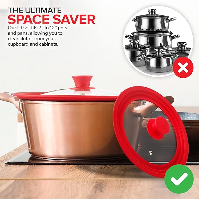 Modern Innovations Universal Lids (Set of 2) Fits 7 to 12-Inch Cookware, Silicone Replacement Pan Lid, Glass Top Covers for Skillets, Pots, Frying Pans, Cast Iron - Red