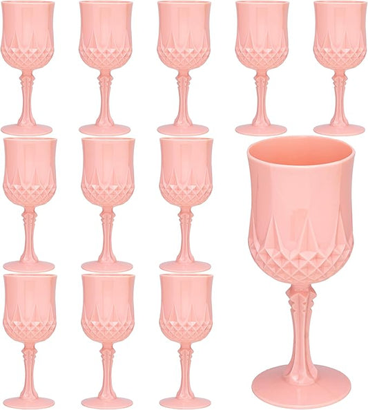 Plastic Vintage Wine Glasses 7OZ Plastic Goblets Vintage Drinking Glasses 12PCS Retro Wedding Glassware Water Goblets Reusable Drinking Cups for Party,Reception,Celebration,Bar,Whiskey(Light Pink)