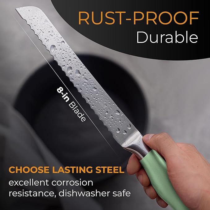 Orblue Serrated Bread Knife with Upgraded Stainless Steel Razor Sharp Wavy Edge Width - Bread Cutter Ideal for Slicing Homemade Bread, Bagels, Cake (8-Inch Blade with 5-Inch Handle) Green