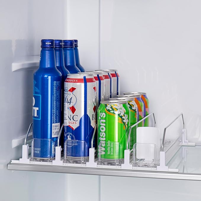 Rula Drink Organizer for Fridge, Self-Pushing Soda Can Dispenser for Mini Refrigerator, Width Adjustable Water Bottle Pusher Glide, White, 4 Rows,12.2” D