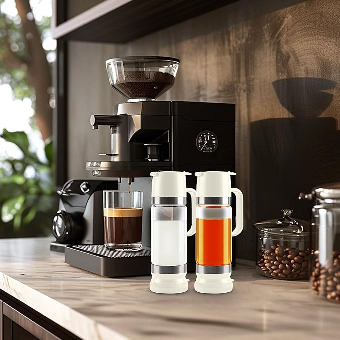 Aelga Coffee Syrup Dispenser, Honey Dispenser, 12 OZ Glass Syrup Bottles with Handle, No Drip Pouring, Coffee Bar Accessories for Coffee and Tea, White 2 Pack