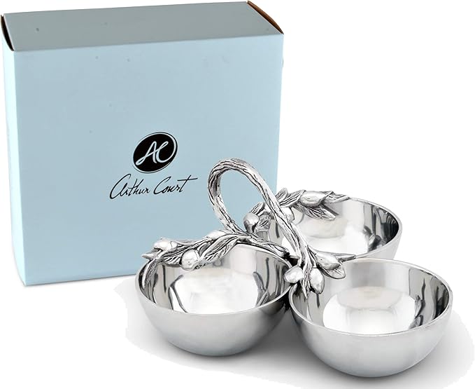 Arthur Court Sand-Cast Aluminum 3 Compartment Olive Pattern Condiment Serving Bowl 9 inch Diameter 4 inch Tall