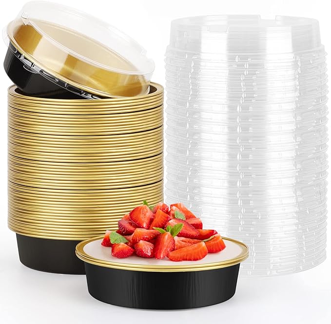 Beasea Aluminum Cupcake Pans With Lids, 4 Inch 50 Pack Disposable Pie Pans For Cake, 8 Oz Aluminum Pie Pan Tin Black Golden Tart Pans Round Oven Baking Mini Cake Pan For Pie Tart Quiche