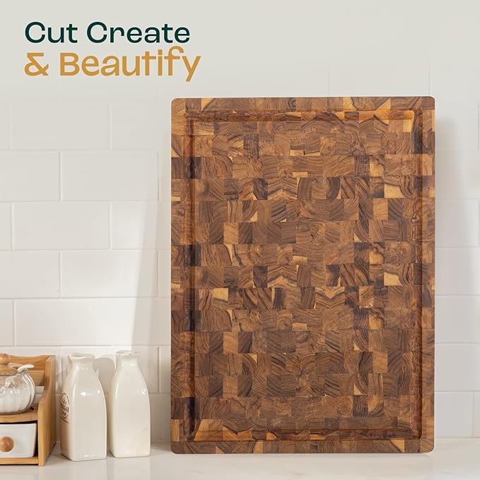 Yes4All Durable Teak Cutting Boards for Kitchen, [24''Lx18''Wx1.5” Thick] Extra Large End Grain Cutting Board, Pre Oiled Wood Cutting Boards, Thick Chopping Board w/Juice Grooves and Easy Grip Handle