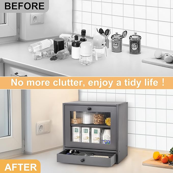 Sunhoo Bread Box for Kitchen Countertop Bin 2 Layer Wooden Bread Storage Breadbox Holder Large Capacity Container Bread Organizer Farmhouse Keeper Shelf with Drawer Acrylic Window (Grey