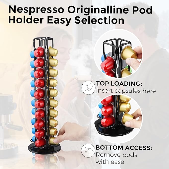 Coffee Pod Holder Compatible with Nespresso Original Capsule– Holds 40 Pods, 360° Rotating Coffee Carousel Storage, Space-Saving Countertop Organizer, Stylish Gift for Coffee Lovers (Black)