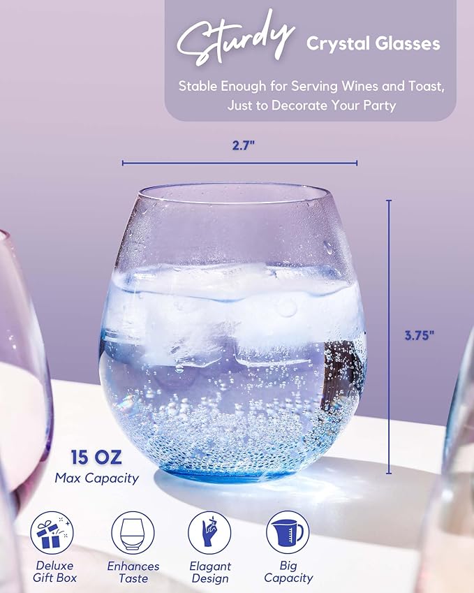 ColoVie Stemless Wine Glasses Set of 6, Large Colored Wine Glasses, Short Wine Glass Set for Red Wine, White, Red, No Stem Margarita Glasses, 15 oz