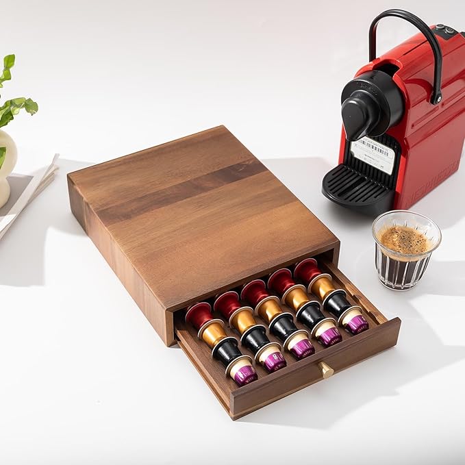 Acacia Wood Coffee Pod Drawers Compatible with Nespresso Original Line, Pods Holder, Organizer, Storage, Container, Tray, Capsule Cup Holder for Countertop, Porta Capsulas De Cafe, 40 Pods Capacity