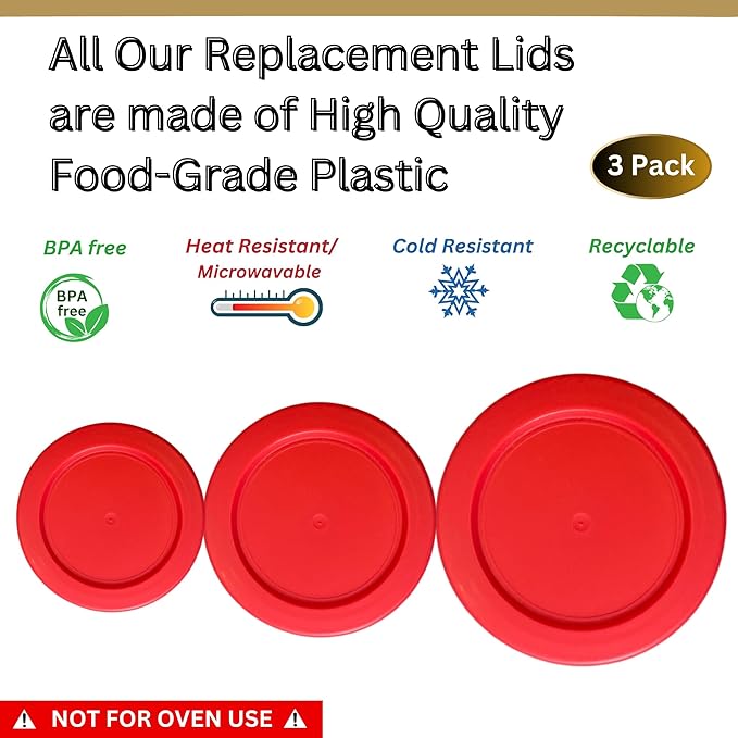 2, 4 & 7 Cup Red Replacement Lids/Covers for Pyrex, Anchor Hocking & KlareWare Storage Bowls *Lids Only Glass Container Not Included* (3 Pack *One of Each Size*)