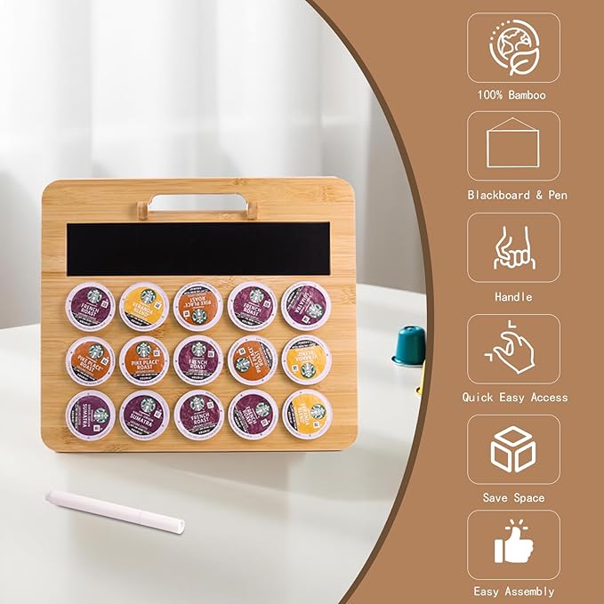 Coffee Pod Holder, K Cup Holder for Countertop, Bamboo Coffee Pod Stands for Counter, Home or Office Kitchen Counter Organizer