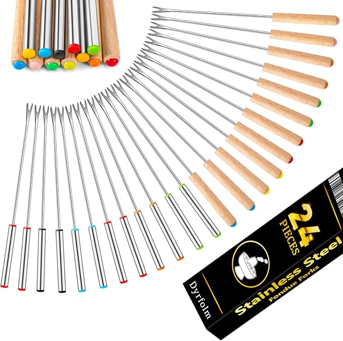 24 PCS Fondue Forks Stainless Steel,12 Wood Handles and 12 Stainless Steel Handles,9.3"Color Coding Cheese Fondue Fork,Heat Resistant Fondue Sticks for Chocolate Fountain Marshmallows,6 Color