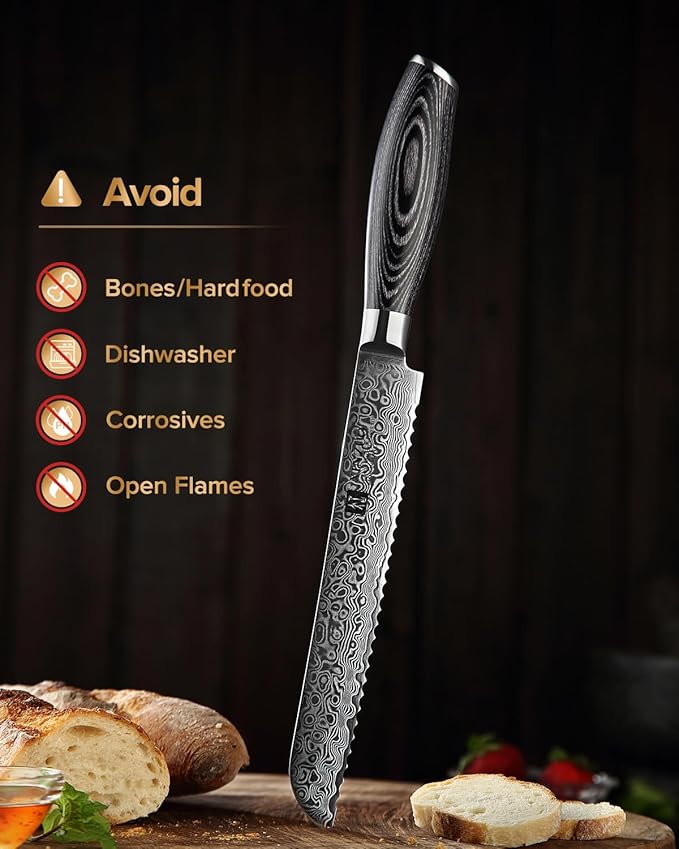 XINZUO Bread Knife 8 Inch,Professional Damascus Serrated Knife for Homemade Bread,Razor Sharp,Wide Wavy Edge for Bread, Bagels,Pizza and Cake, Gift Box Package