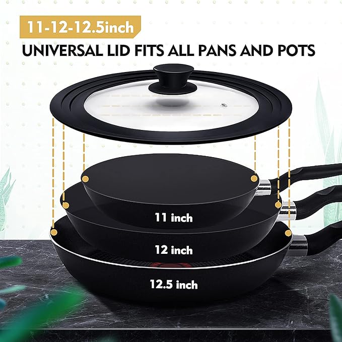 Universal Lid for Pots, Pans and Skillets, Pot Lid With Heat Resistant Silicone Rim and Tempered Glass, Fits 11", 12", 12.5" Diameter Pots and Pans