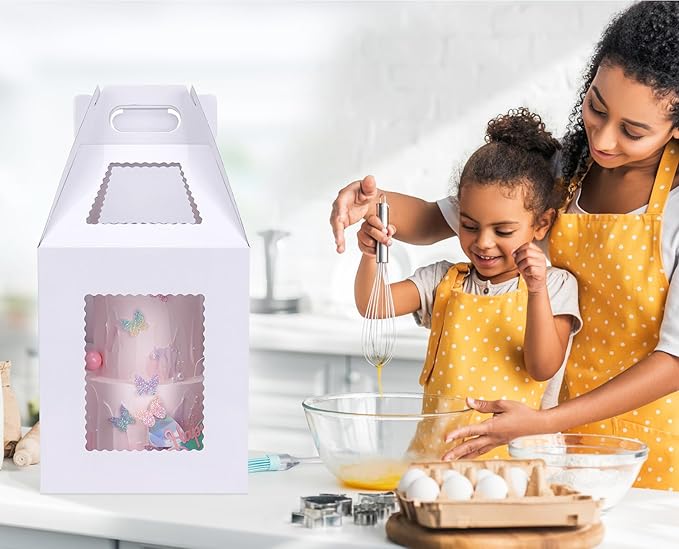 Tall Cake Boxes for Tier Cakes with Cake Boards 4 Pack 12x12x14 Inch Large Tiered Cake Carrier Containers with Window for Wedding Birthday Bakery