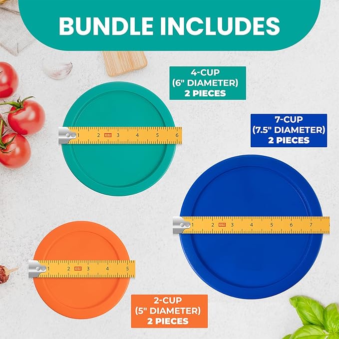 Replacement Lids for Pyrex Containers Round Glass Food Plastic - (2) 2-Cup Orange, (2) 4-Cup Teal, (2) 7-Cup Blue - BPA-Free, Dishwasher & Microwave Safe