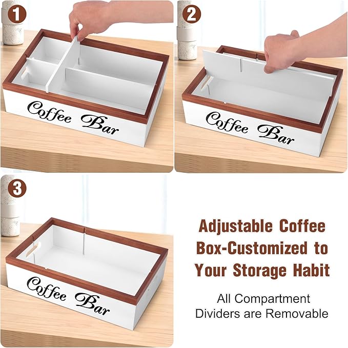 Wooden Coffee Organizer Holder with Divided Sections & Cutout Handle, Farmhouse Coffee Bar Organizer for Pods, Cups, Lids, Syrups, Stirrers & Accessories – Ideal Gift for Home or Office-White