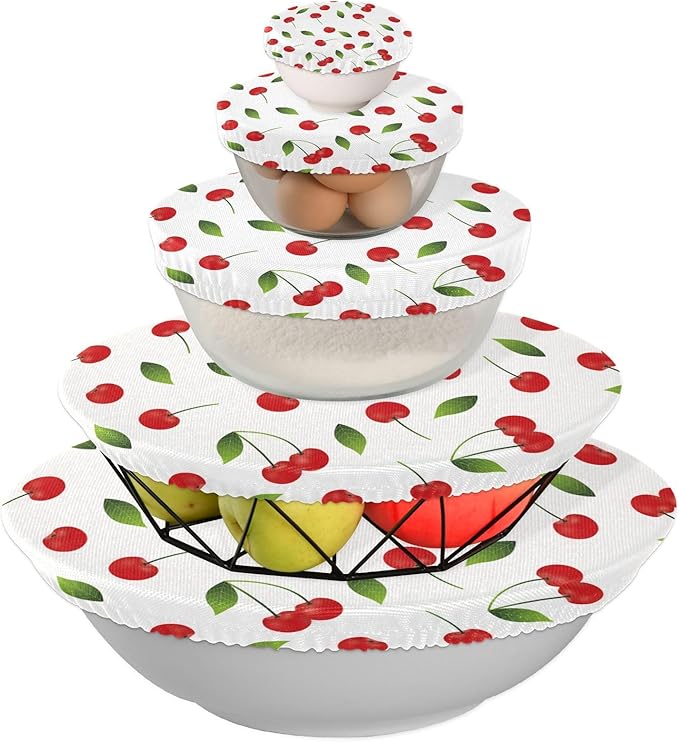 5 Pcs Bowl Covers Reusable in 5 Size Elastic Food Cover Cloth Lids Fresh Keeping Dish Cookware Bakeware Fabric Covers Lids for Food Leftovers Fruits Storage Cherries Fruit White