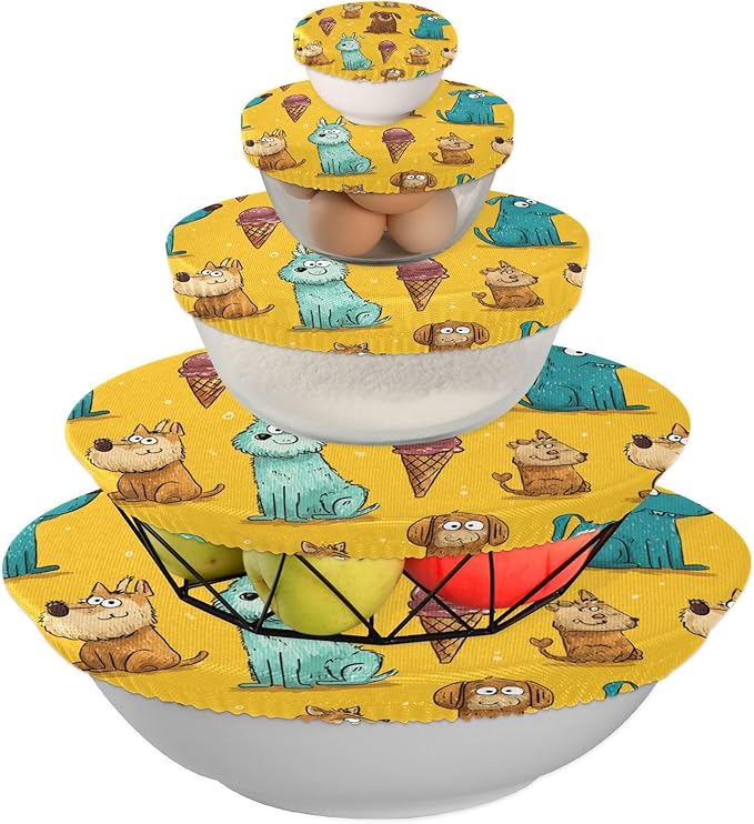 5 Pcs Bowl Covers Reusable in 5 Size Elastic Food Cover Cloth Lids Fresh Keeping Dish Cookware Bakeware Fabric Covers Lids for Food Leftovers Fruits Storage Bright Yellow Dogs and Ice Cream