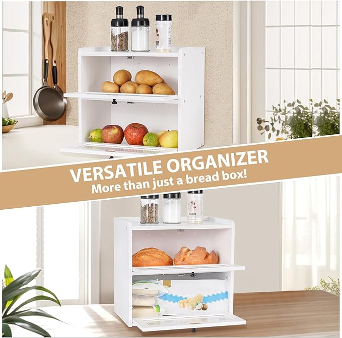 Sunhoo Bread Box for Kitchen Countertop Wooden Bread Storage Container Bin 2 Layer Breadbox Holder Large Capacity Keeper Vintage Farmhouse Food Organizer Pantry Shelf Acrylic Window (White)
