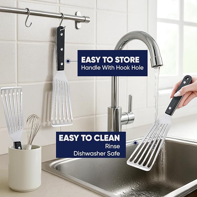 Newness Metal Fish Turner Spatula Stainless Steel for Kitchen Use, Small Griddle Egg Spatula, Flexible, Polished Metal, Corrosion Resistant, Kitchen Slotted Turner with Thin Edge Ideal for Turning,11"