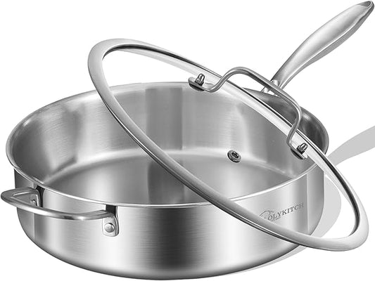 LOLYKITCH Whole Body Tri-Ply Stainless Steel 5.5 QT Sauté Pan with Lid,12 Inch Deep Frying Pan,Jumbo Cooker,Dishwasher and Oven Safe,Detachable Handle.