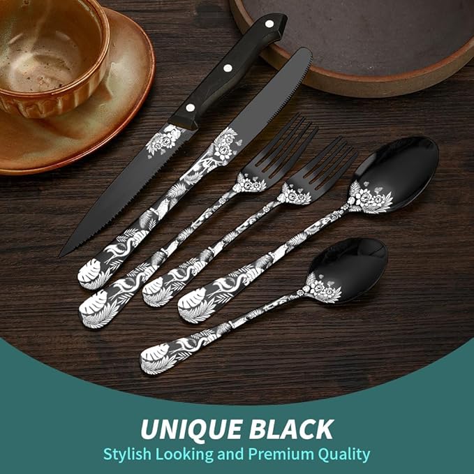 Premium 24 Piece Western Pattern Steak Knife,Fork and Spoon Set,Set for 4,Stainless Steel Cutlery Set with Gift-Ready Box,Dishwasher Safe, Ergonomic Design (Black)